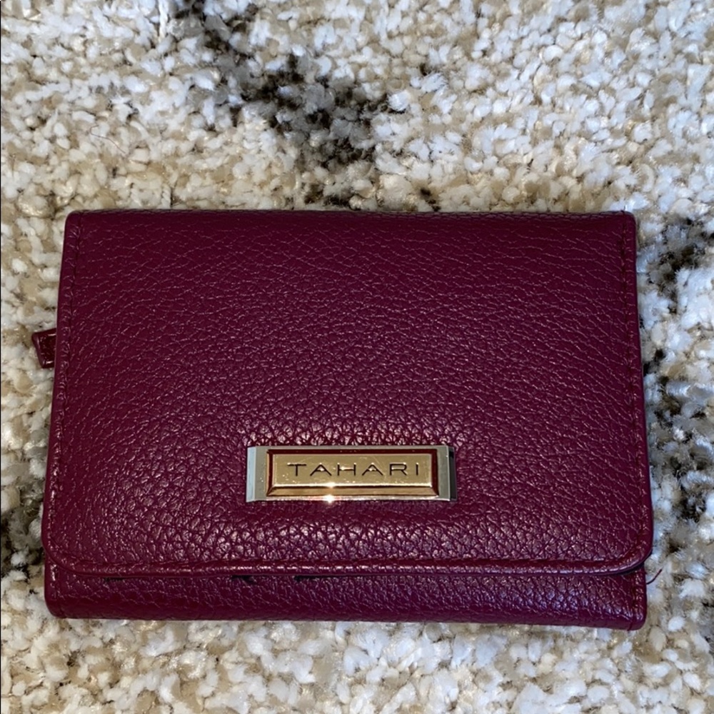 Tahari Maroon Mirror Flap Indexer TriFold Wallet